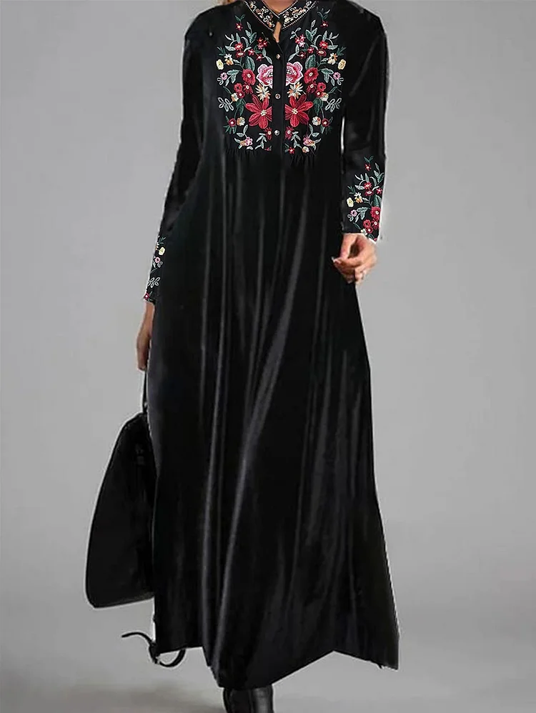 Casual Stand Collar Long Sleeve Floral Velvet Maxi Dress