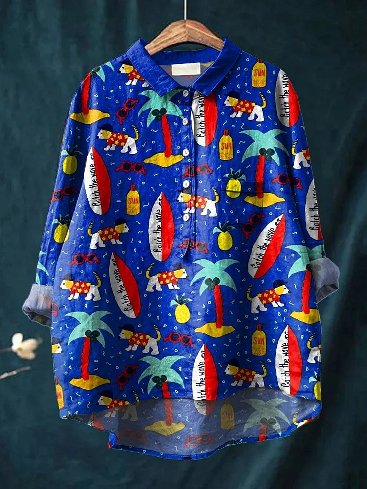 Vintage Lovely Surfing Dog Art Print Casual Cotton And Linen Shirt