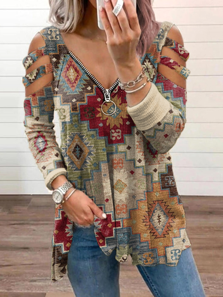  Western Casual Cozy Hollow Out Zip Up T-Shirt Westsshops