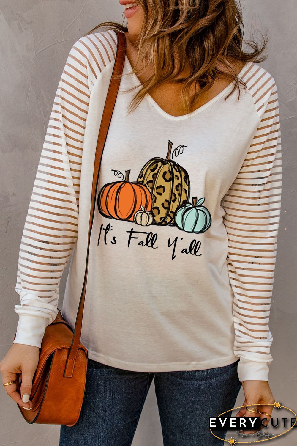 White Cute Fall Pumpkin Graphic Sheer Striped Long Sleeve Top