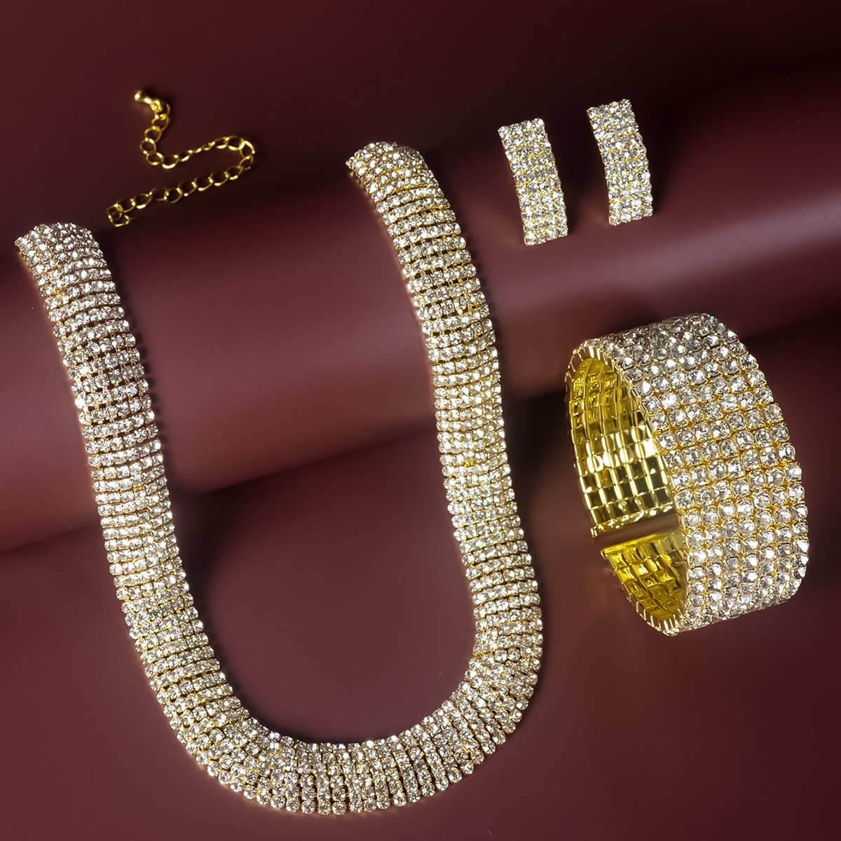 Gold Wide Rhinestone Bride Necklace Accessories Three-piece Set | Oxredo Shop Ramadan Sale
