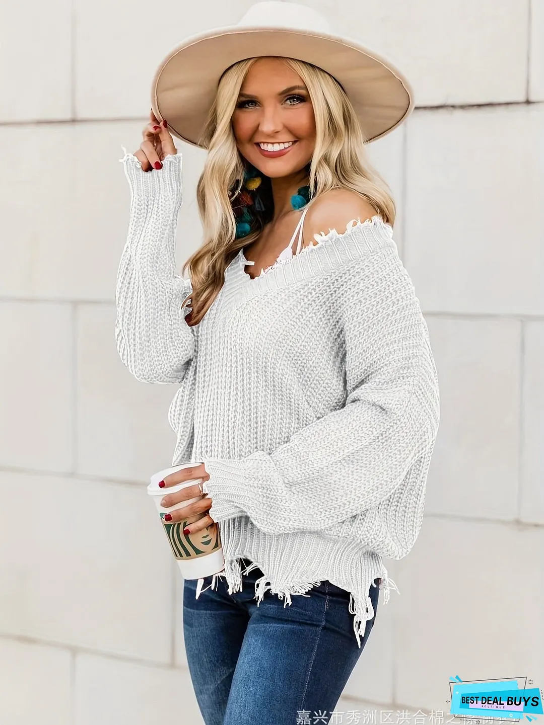 Distressed Solid V Neck Pullover Sweater, Casual Raw Trim Long Sleeve Loose Sweater, Women's Clothing
