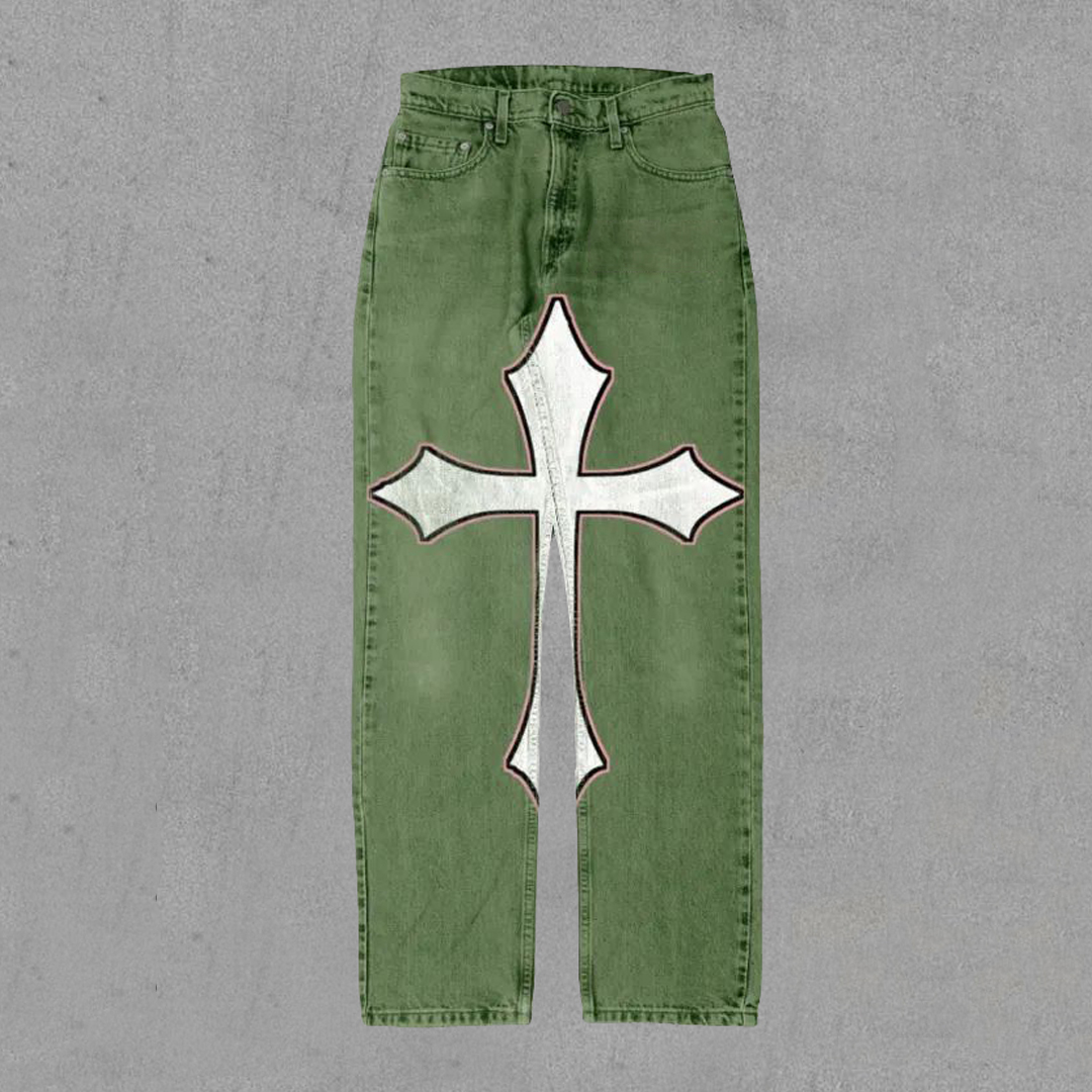 Cross Print Casual Street Denim Trousers