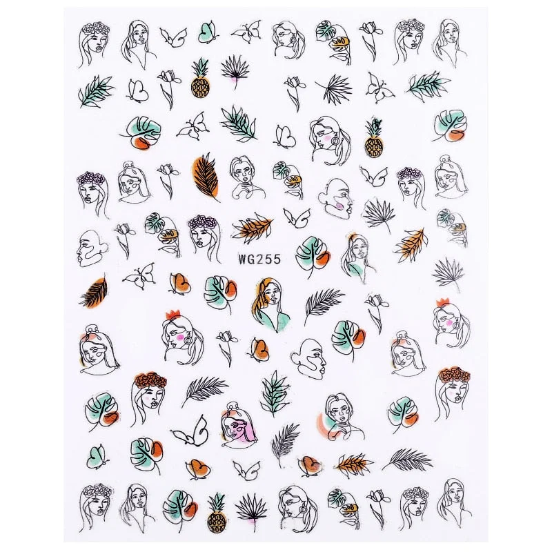 1PC Abstract Face Pattern 3D Nail Stickers Summer Autumn Lady Image Flower Leaves Sliders Decals For Nails Decoration Manicures