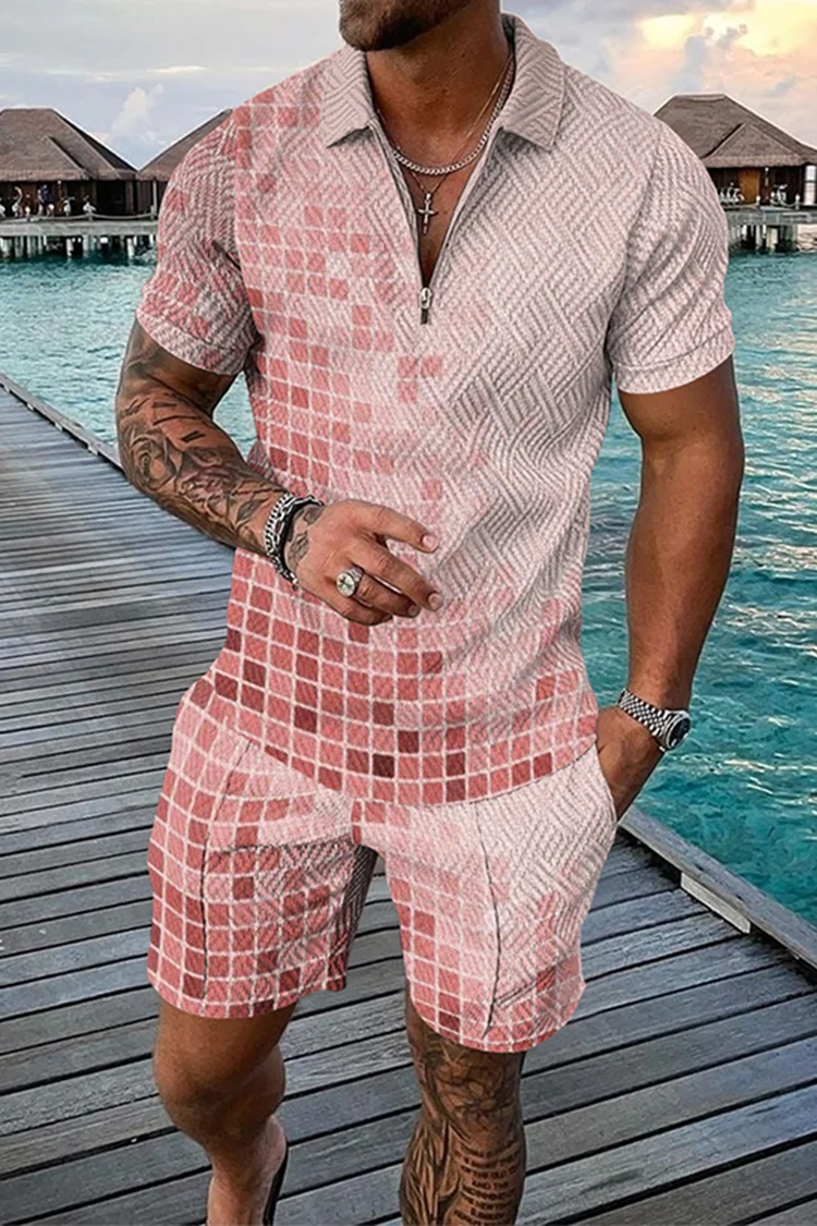 Tiboyz Men's Gradient Casual Short Sleeve Polo And Shorts Set