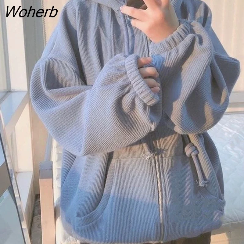 Woherb Women with Hat Hoodies Solid Loose Zip-up Hooded Sweatshirts Young Lady Blue Thickening Winter Warm Fashion Korean Style Outwear