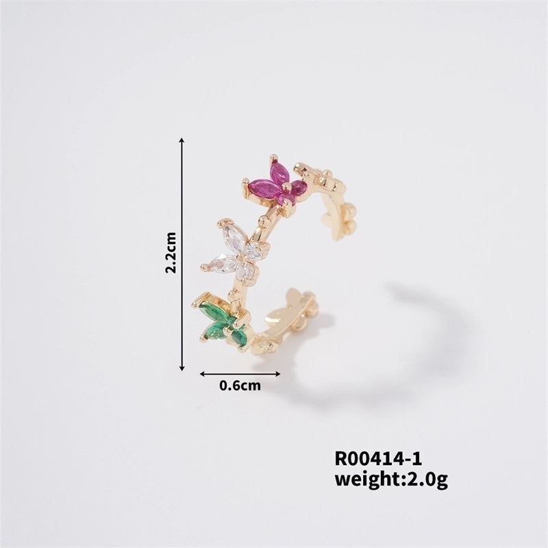 Copper K Gold Plated Cute Sweet Artistic Inlay Butterfly Zircon Open Rings