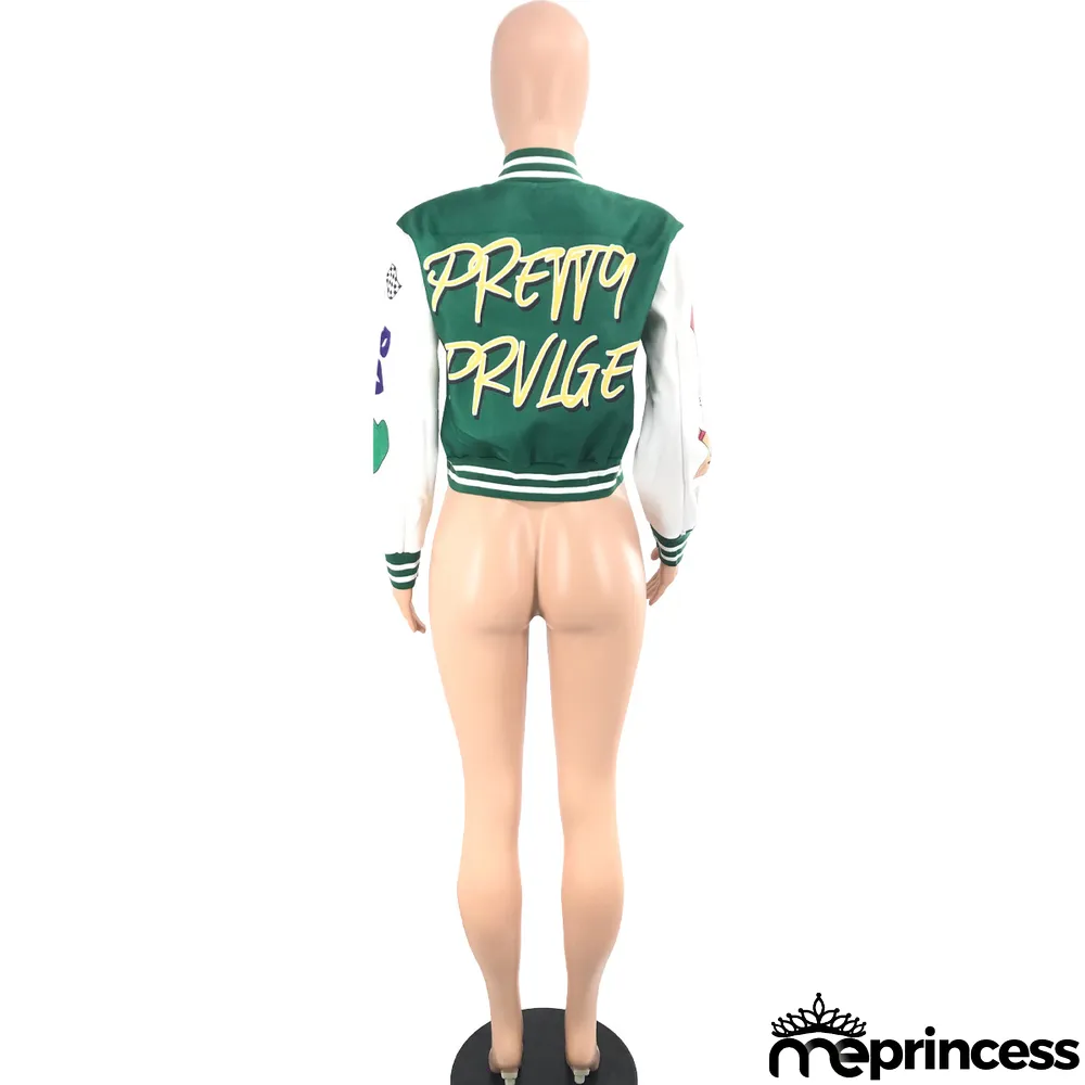 Women's Fashion Printed Baseball Jacket Bomber Coat