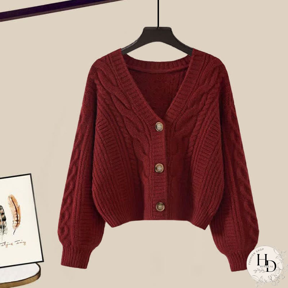 V-neck Cardigan Sweater Lapel Shirt Denim Pants Three Pieces Set