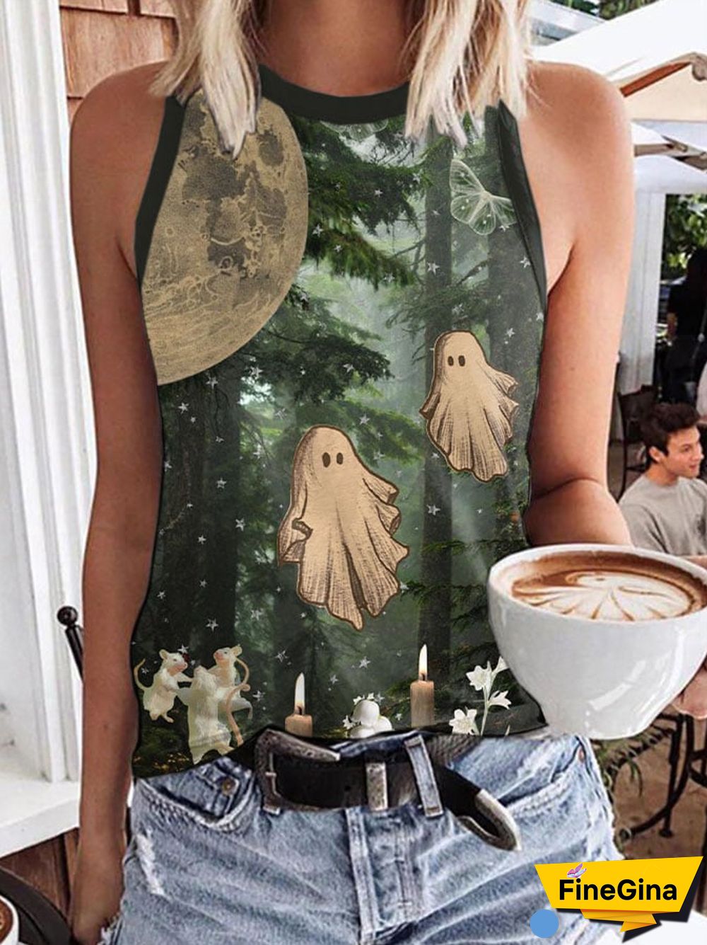 Women's Casual Ghost Art Print Sleeveless Tank Top