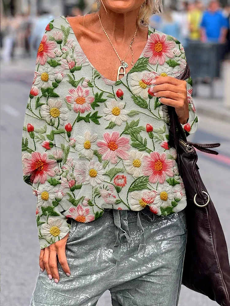Retro Floral Print Fashionable V-Neck Long-Sleeved Top