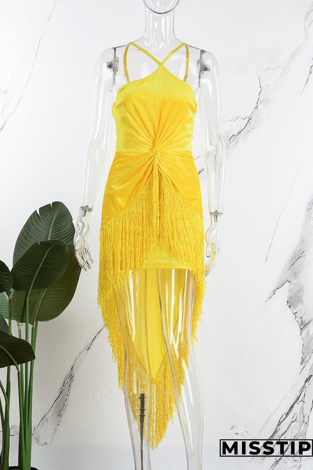 Yellow Sexy Solid Tassel Patchwork Backless Spaghetti Strap Irregular Dress Dresses