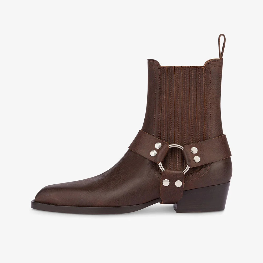 Brown Pointed Toe Chunky Heel Pull-On Ring Buckle Ankle Boots