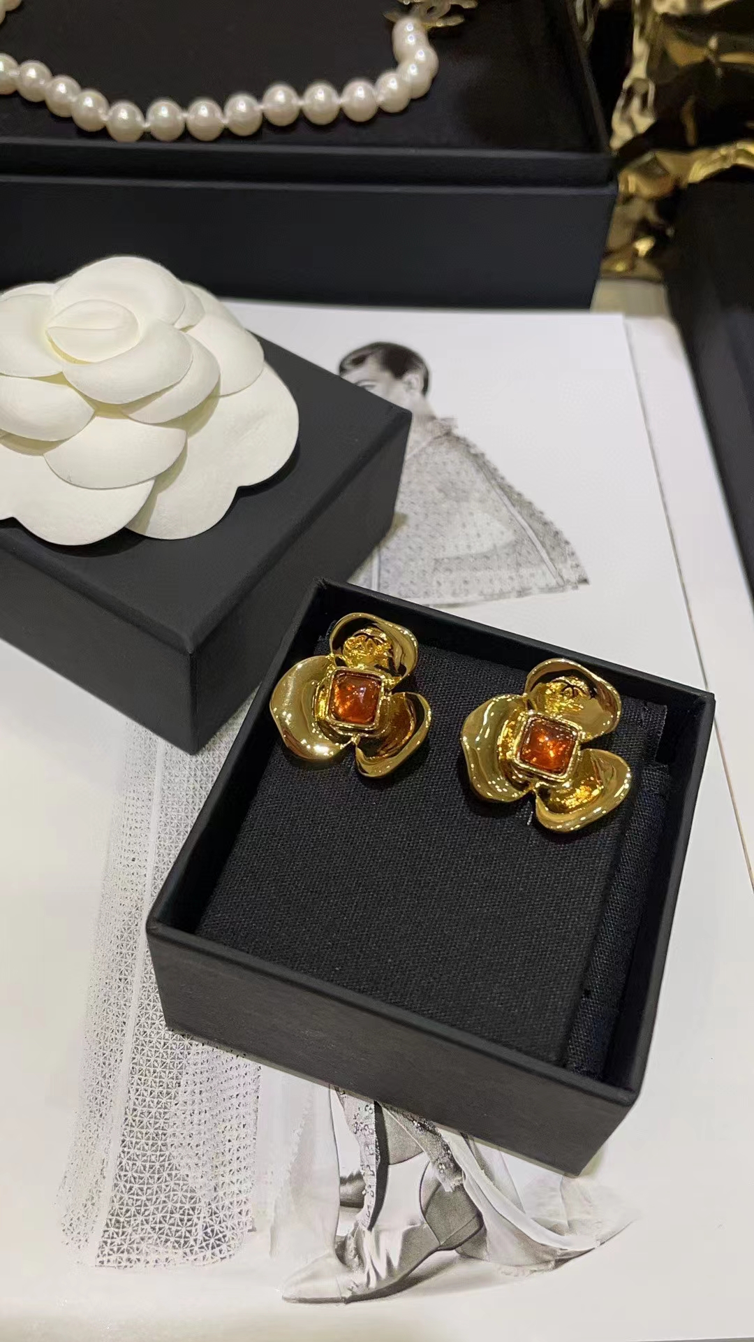 Buy replica Chanel Gold Camellia Stud Earrings and replica jewelry from PICKS Jewelry