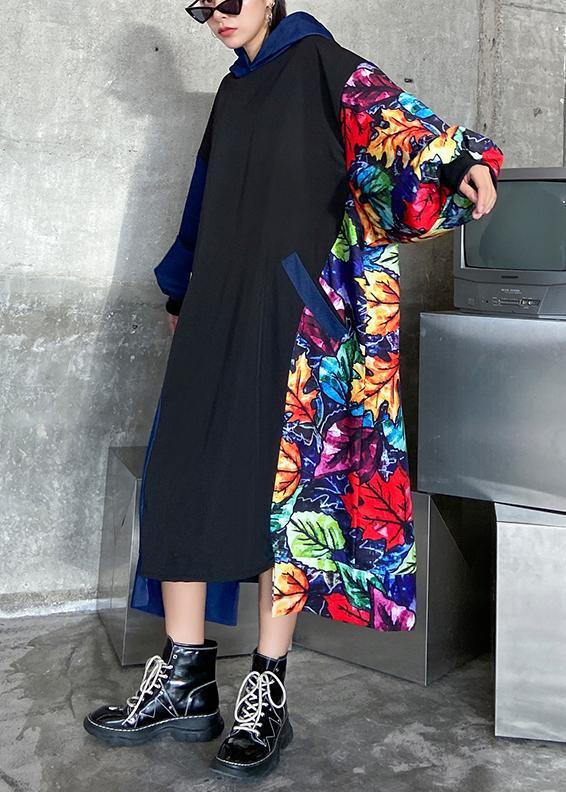 VCSHOES Loose black patchwork print quilting clothes hooded pockets Dress