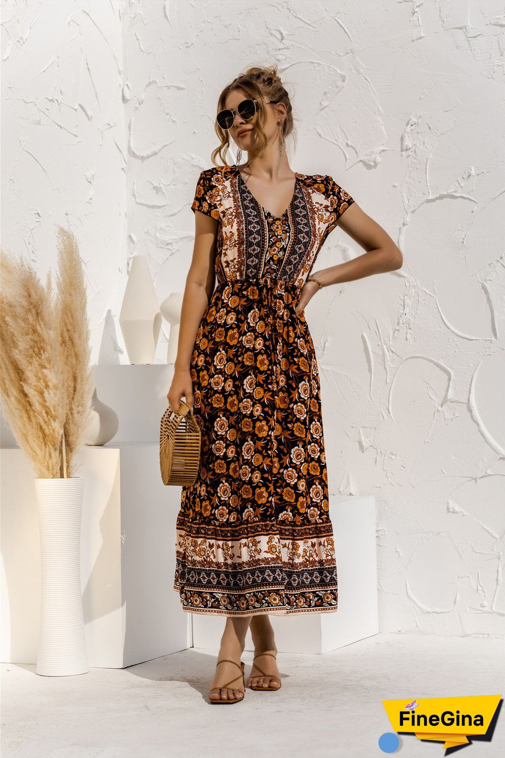 Short Sleeve V Neck Floral Maxi Dress