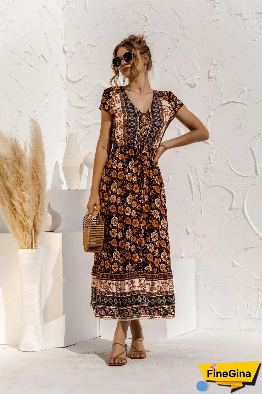 Short Sleeve V Neck Floral Maxi Dress