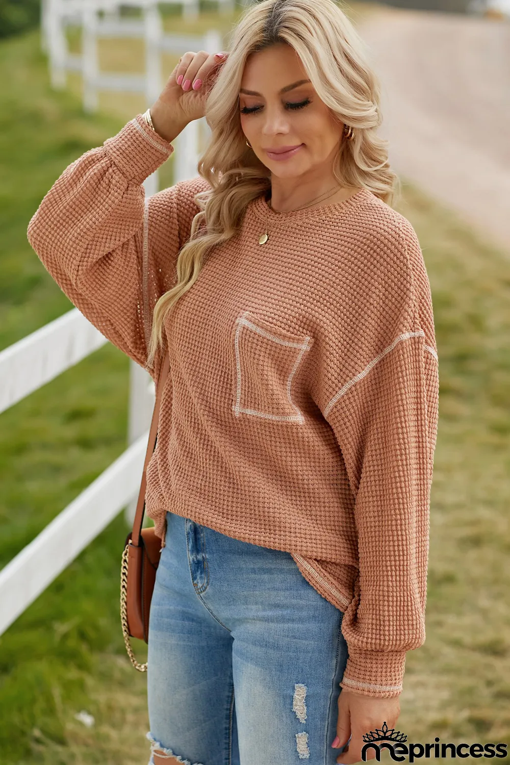 Grey Contrast Stitching Waffle Knit Top