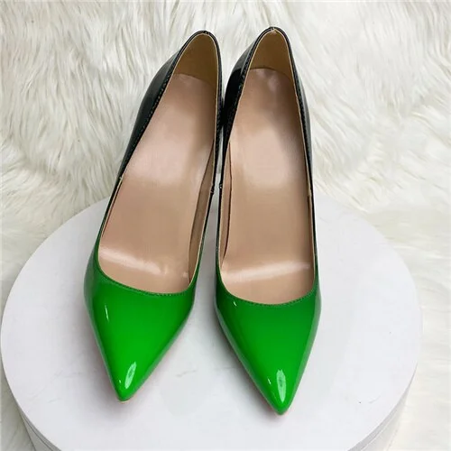 Zingj Green Gradient Color Women Pointy Toe Glossy Stiletto Pumps Sexy Ladies 12cm High Heel Party 10cm Shoes QP149 ROVICIYA