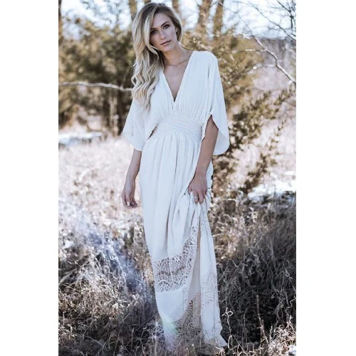 Mongw Mongw Spring And Summer Female Bohemian Beach White Cotton Wrinkled Dress Solid Color Long Dress