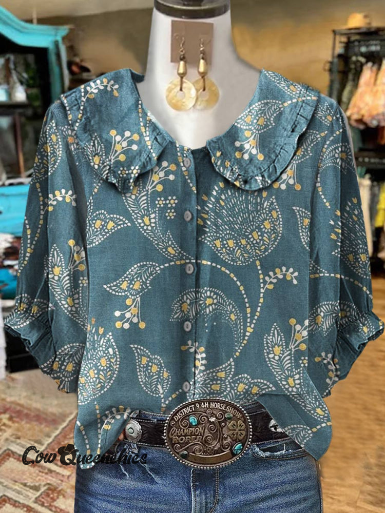 Vintage Flowers Print Loose Peter Pan Collar Half Sleeve Blouses Multicolor / S