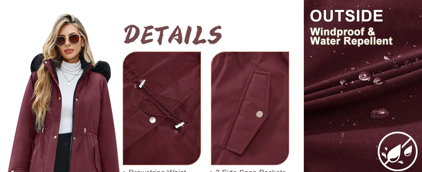 Text reads 'DETAILS' and 'OUTSIDE'. Product detail views showing burgundy-colored garment with close-up shots of pockets, zippers, and material texture.