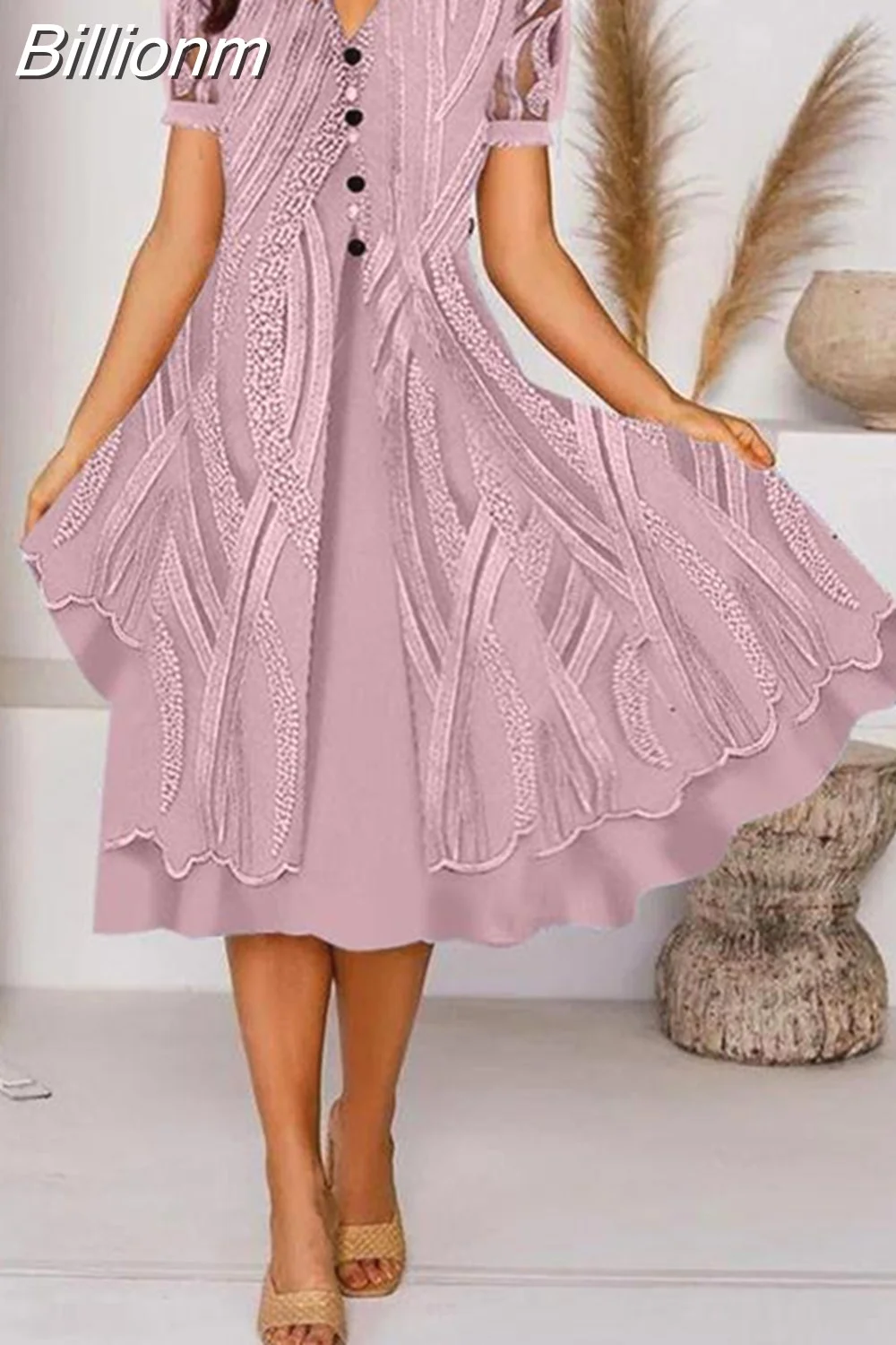 Billionm Women Print Party Dress Fashion Button Lace Office Dress Female 2025 New Spring Summer V Neck Pocket Short Sleeve Dress 413-0
