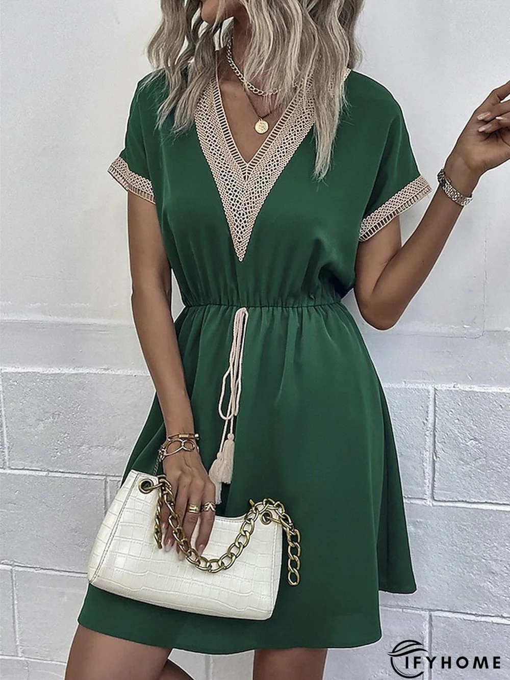 Women's Casual Dress Summer Dress Loose Dress Plain Drawstring Lace Trim V Neck Mini Dress Active Fashion Outdoor Daily Short Sleeve Loose Fit Black White Blue Spring Summer S M L XL | IFYHOME