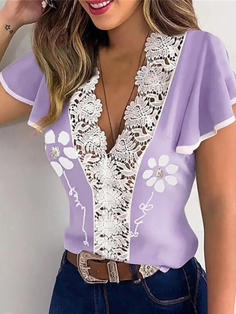 Hollow Out Sexy Lace Blouse Elegant Butterfly Sleeve Solid Blouse Shirt Office Lady O Neck Ruffles Patchwork Blusas Tops S-5XL