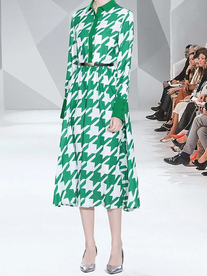 Fashion Lapel Long Sleeve Printed Dress