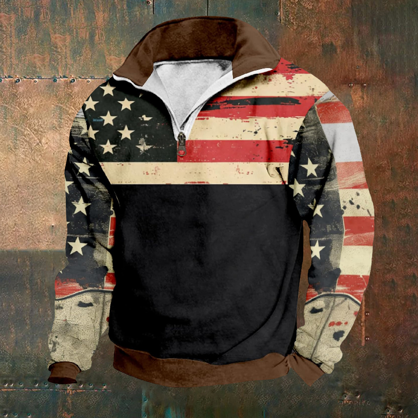 Comstylish Men's Retro American Flag Printed Stand Collar Half-Zip Sweatshirt