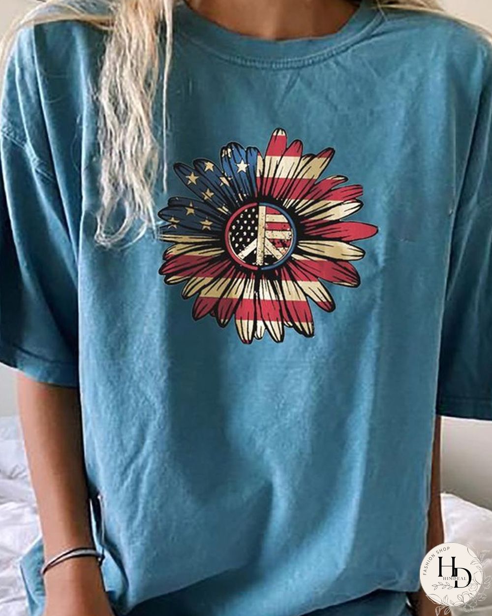 Independence Day Sunflower Print Short Sleeve T-shirt P12385