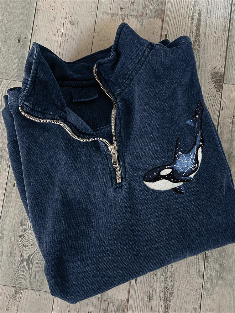 Celestial Whale Embroidery Zip Up Sweatshirt