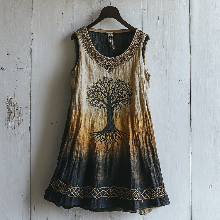 Utbros Women's Viking Tree Of Life Celtic Gradient Art Linen Sleeveless Top