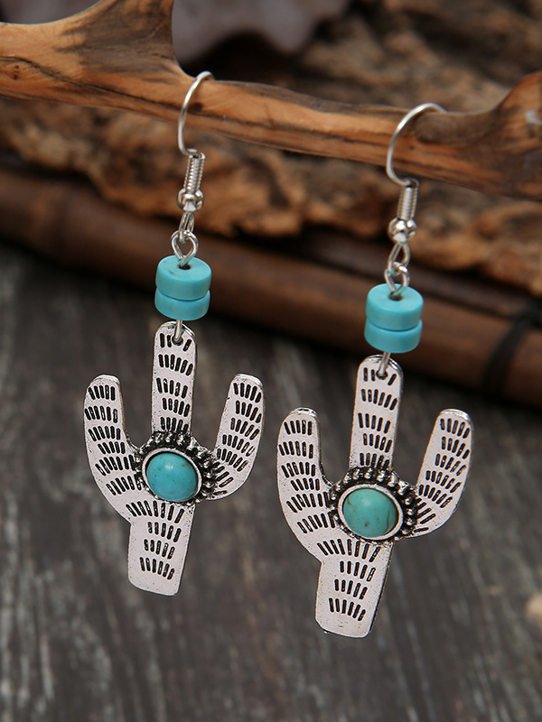 Vintage Earrings Boho Turquoise Cactus Ethnic Jewelry Western Cowgirl Engraving  Earring