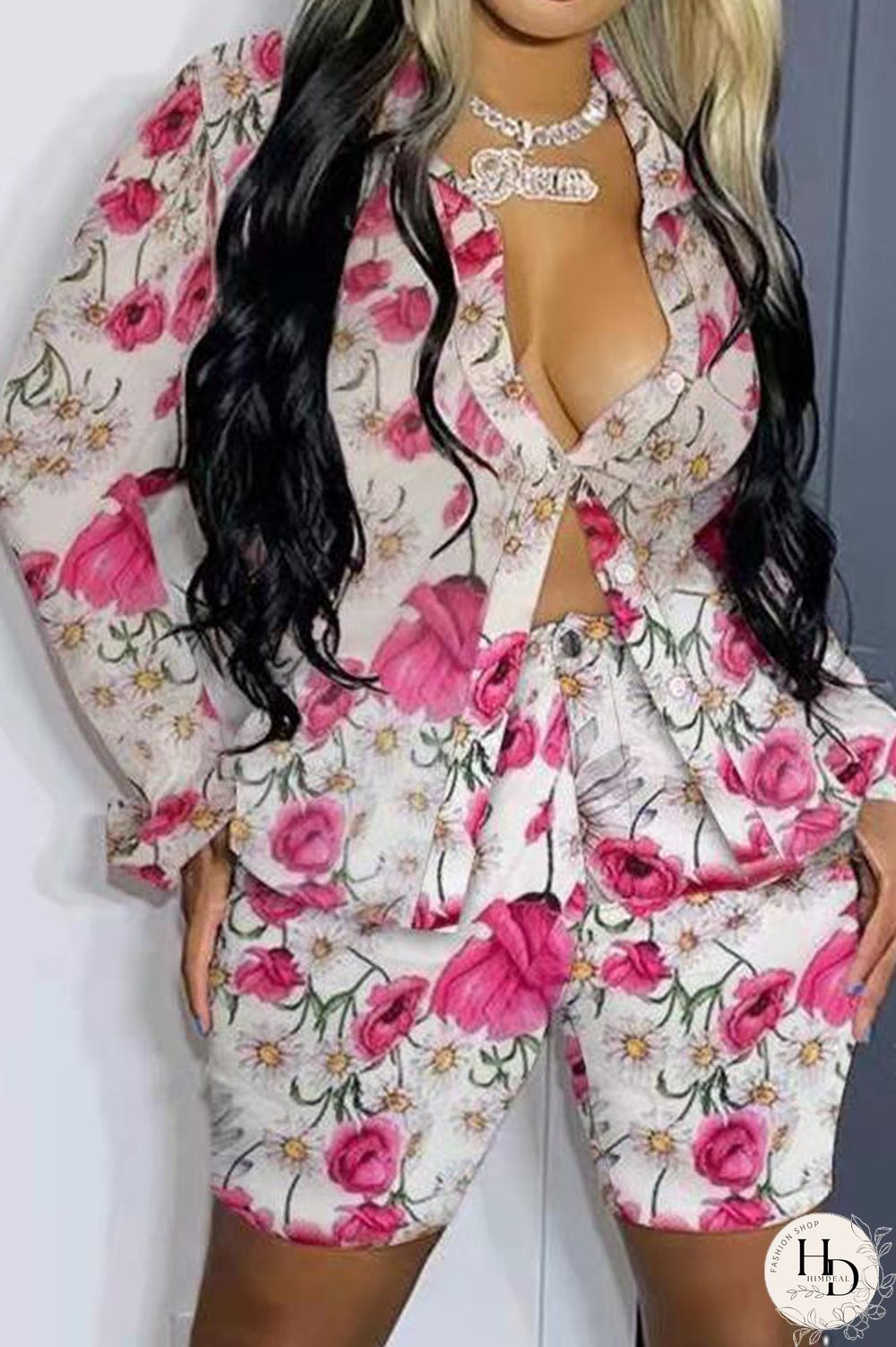 Light Blue Casual Print Patchwork Buckle Turndown Collar Long Sleeve Two Pieces