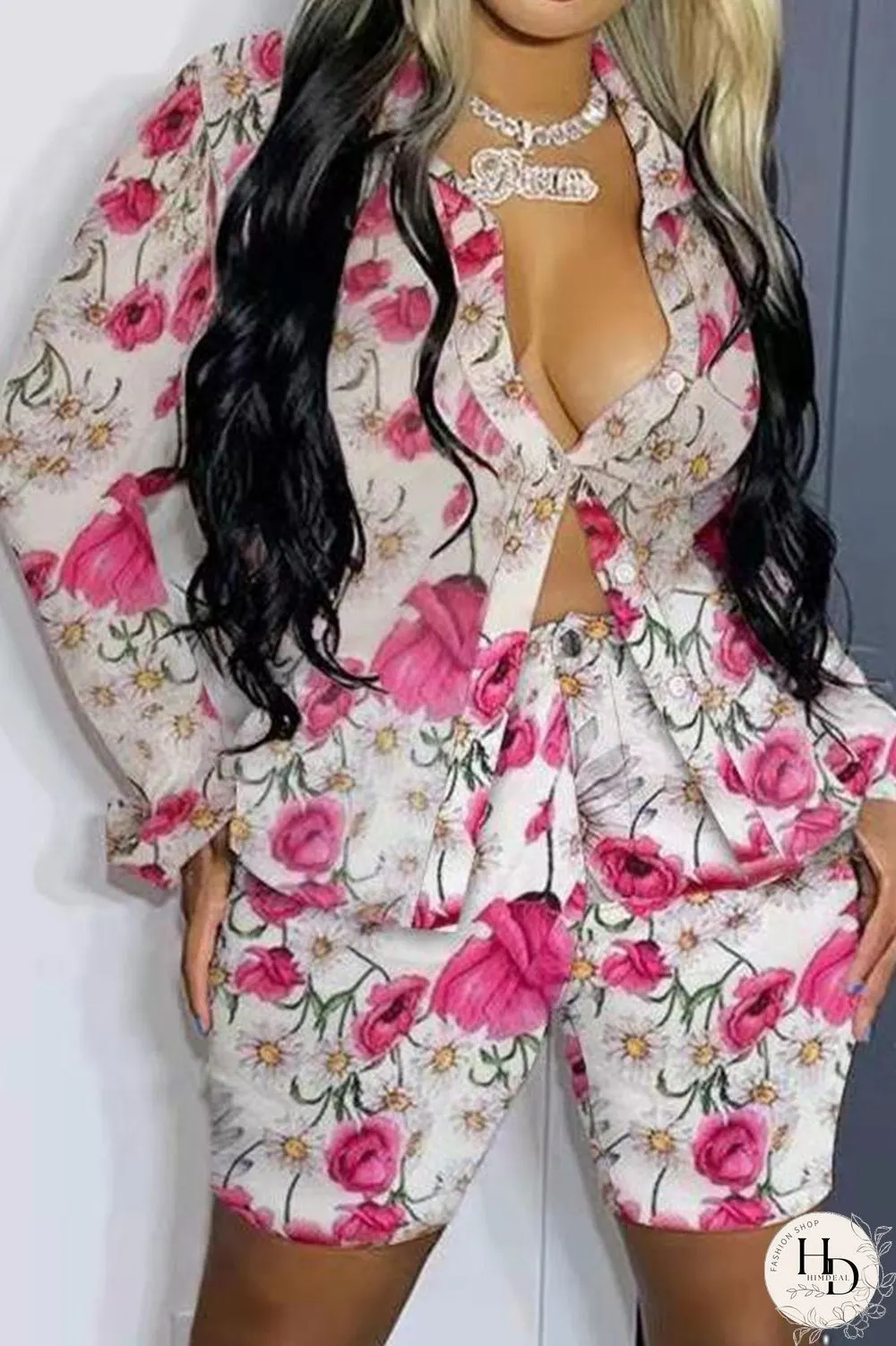 Light Blue Casual Print Patchwork Buckle Turndown Collar Long Sleeve Two Pieces
