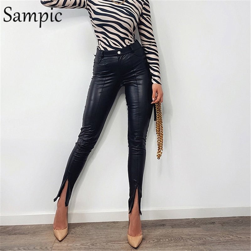 Sampic Autumn 2020 Sexy Ladies Trousers Office Streetwear High Waisted Woman Skinny Front Slit Pants Black PU Leather Pants Long