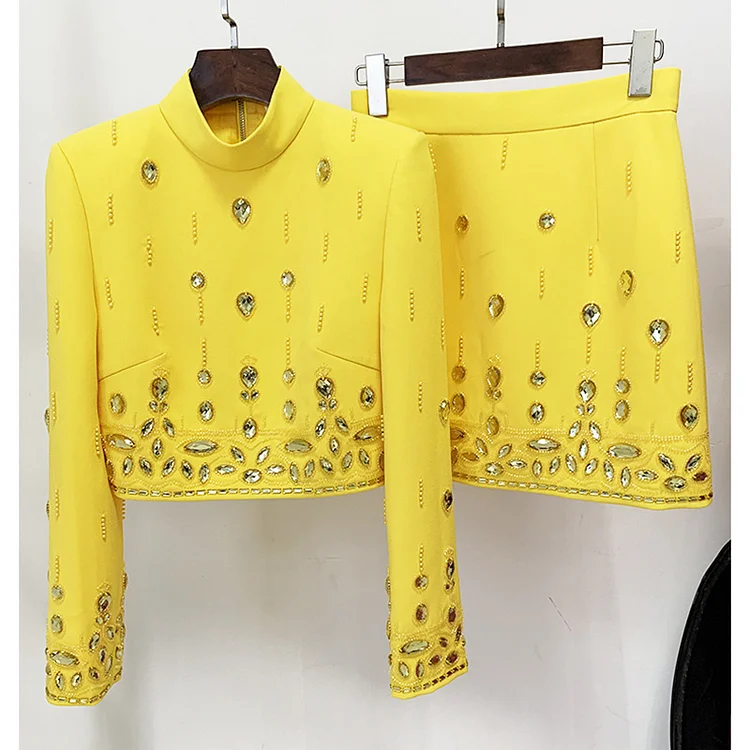 French Romantic Crystal-Embellished Cropped Blazer & Mini Skirt Two-Piece Set