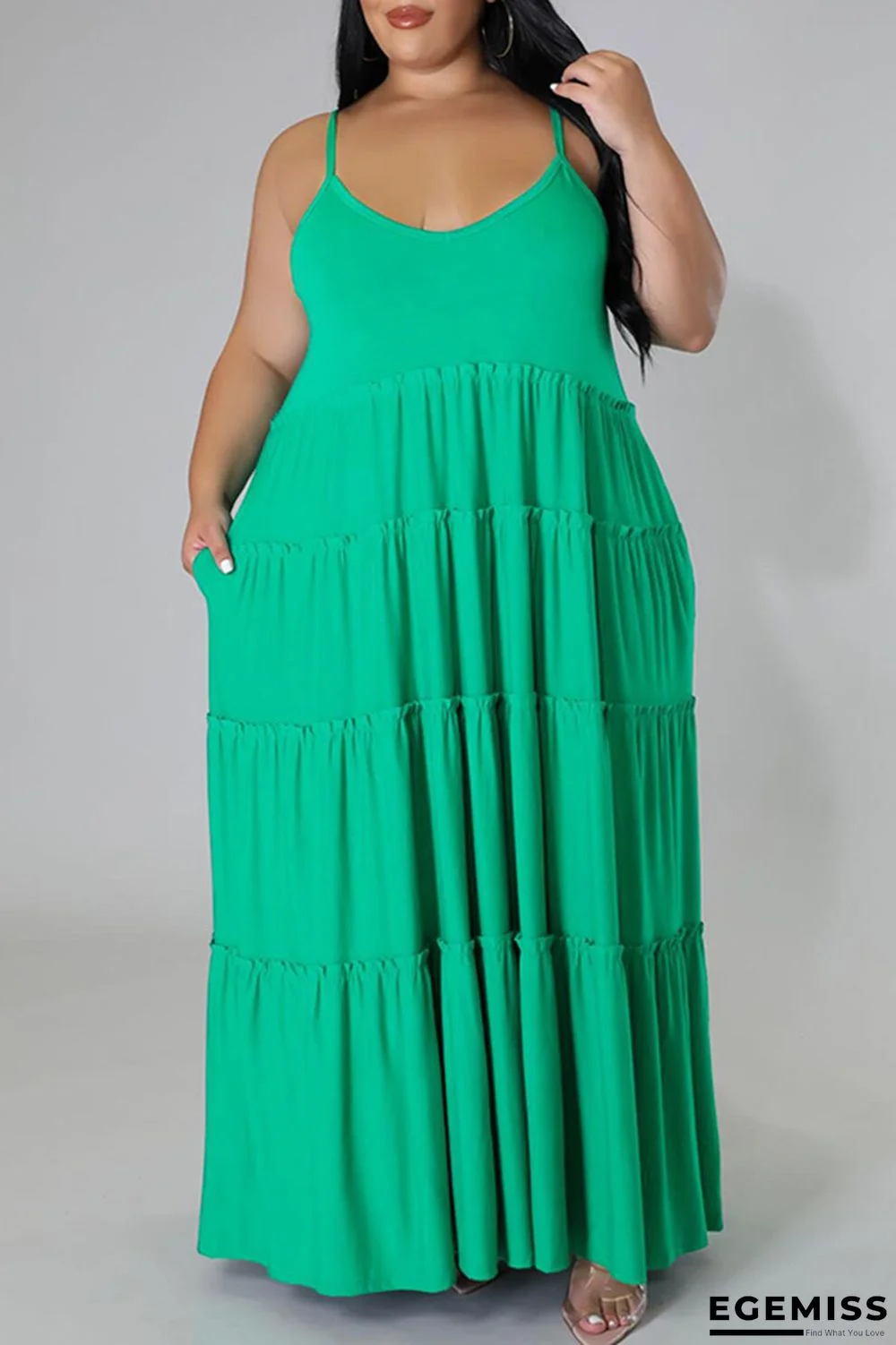 Green Casual Solid Patchwork Spaghetti Strap Straight Plus Size Dresses | EGEMISS