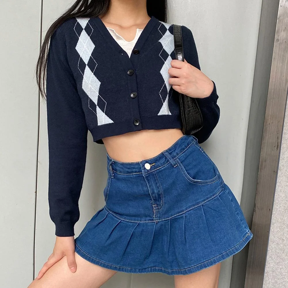 Argyle Plaid Vintage Crop Tops Cardigan Women Fashion Autumn Long Sleeve Knit Sweater Cardigan Y2k Ladies England Style Cardigan