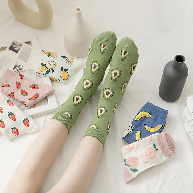 3 Pairs New Cartoon Fruit Cotton Socks Women Strawberry Avocado Lemon Korean Color Harajuku Warm Long Crew Socks Novelty 2020
