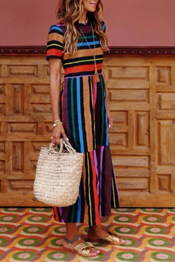 Womens Cute Playful Rainbow Striped Short Sleeves Long Dress-Allyzone-Allyzone