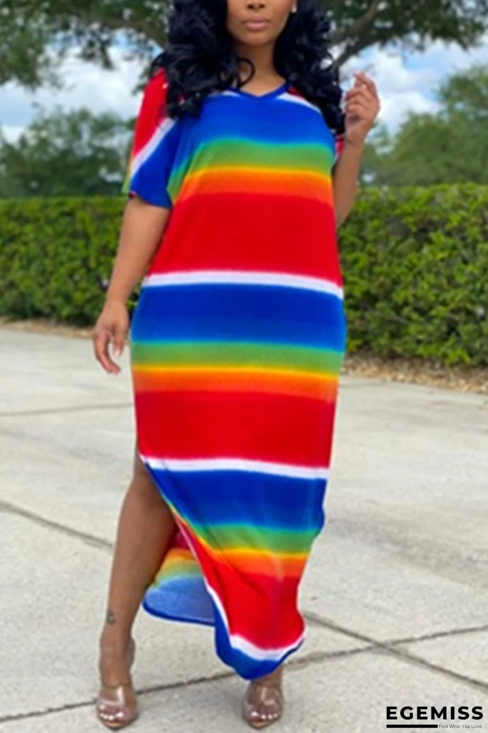 Red Fashion Casual Striped Printed Long Dress | EGEMISS