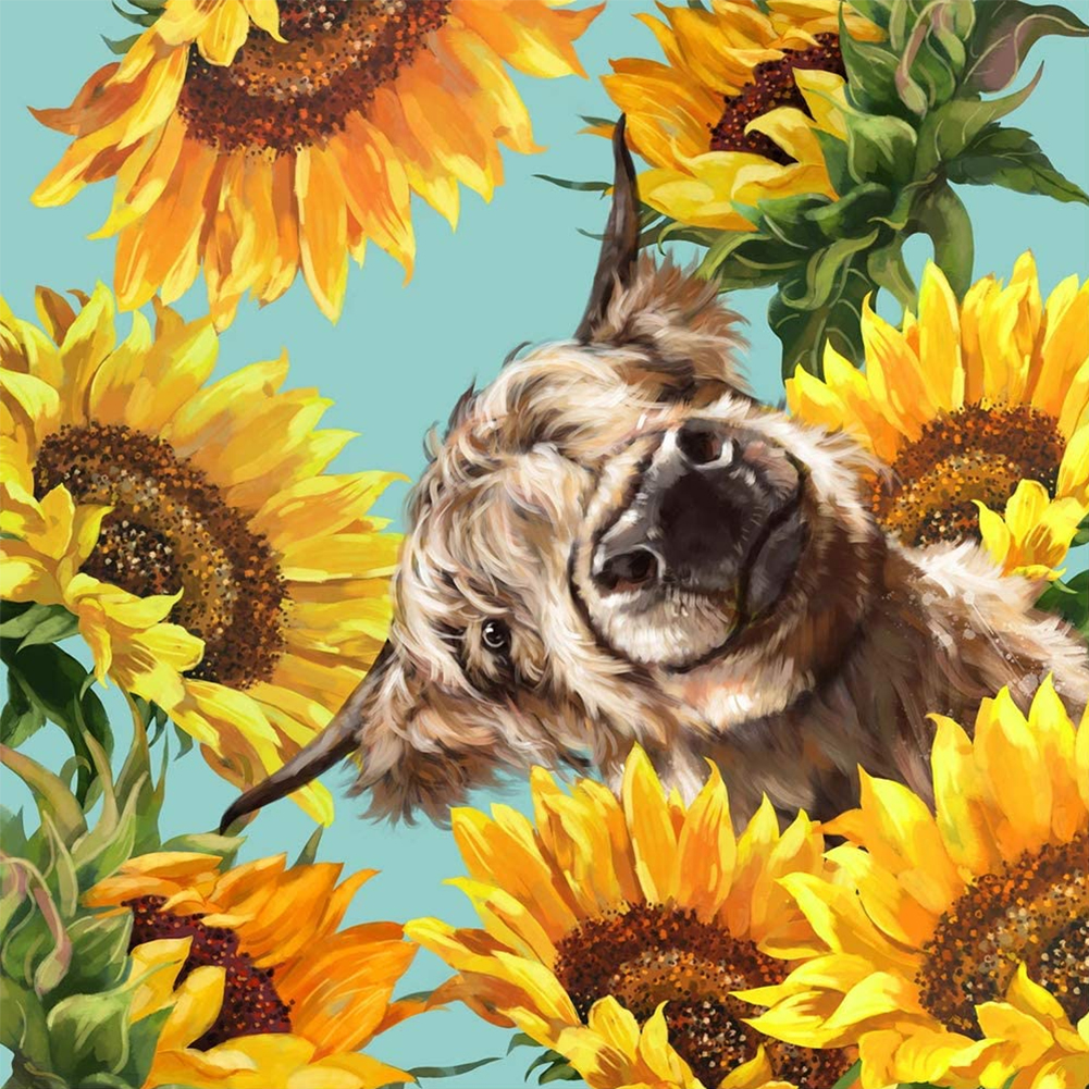 

35*35CM - Round Drill Diamond Painting - Cow and Sunflower, 501 Original