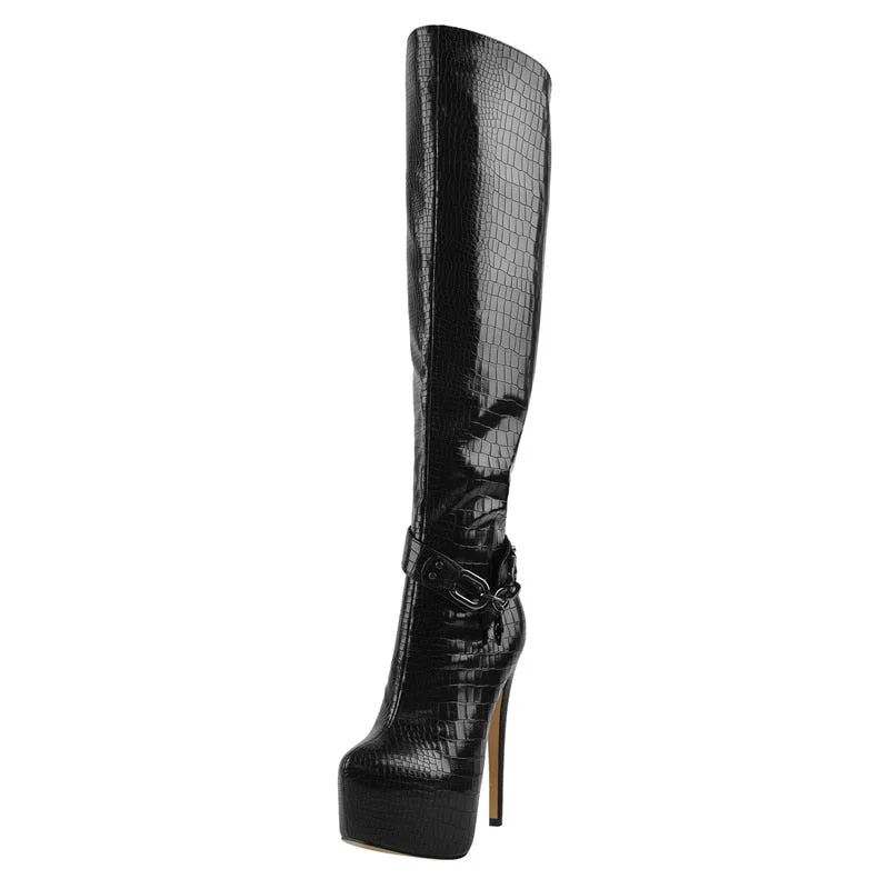Onlymaker Winter Thigh High Heel Over The Knee Boots Lady Black PU Patent Leather Crocodile Print Metal Chain Decoration Zipper