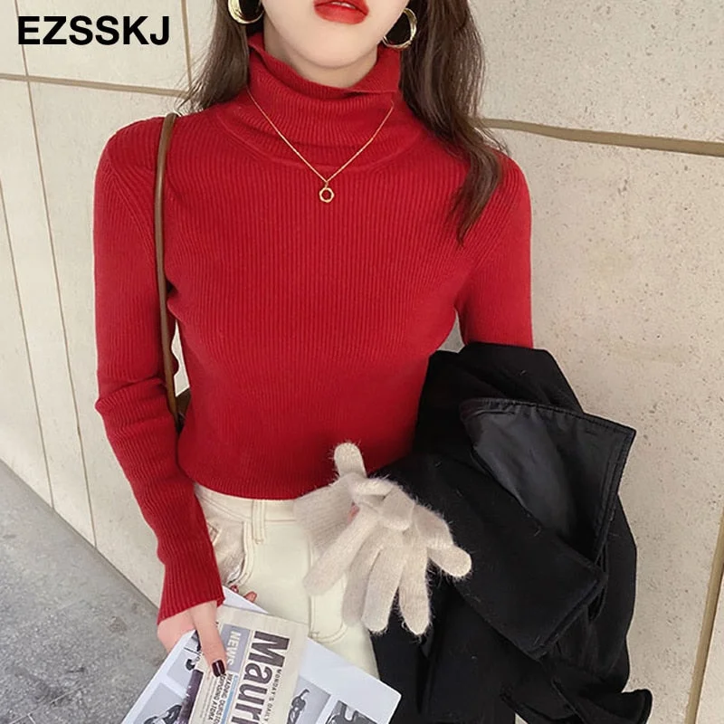 2021 Knitted Women turtleneck Sweater Pullovers spring Autumn Basic Women high neck Sweaters Pullover Slim female