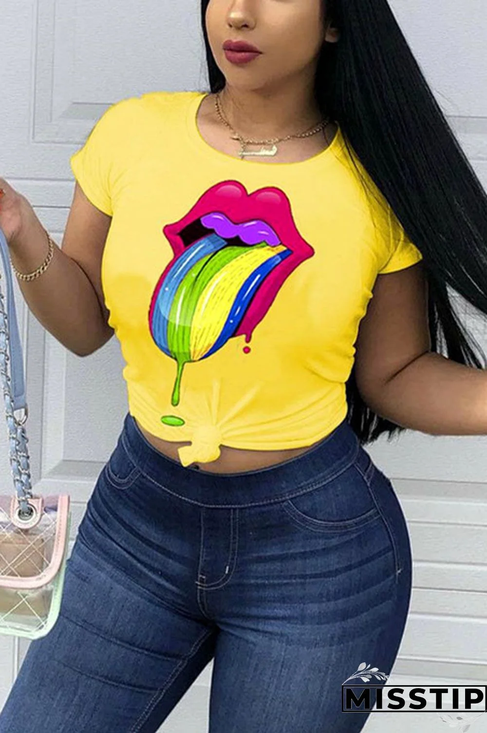 Yellow Casual Lip Print Short Sleeve T-Shirt
