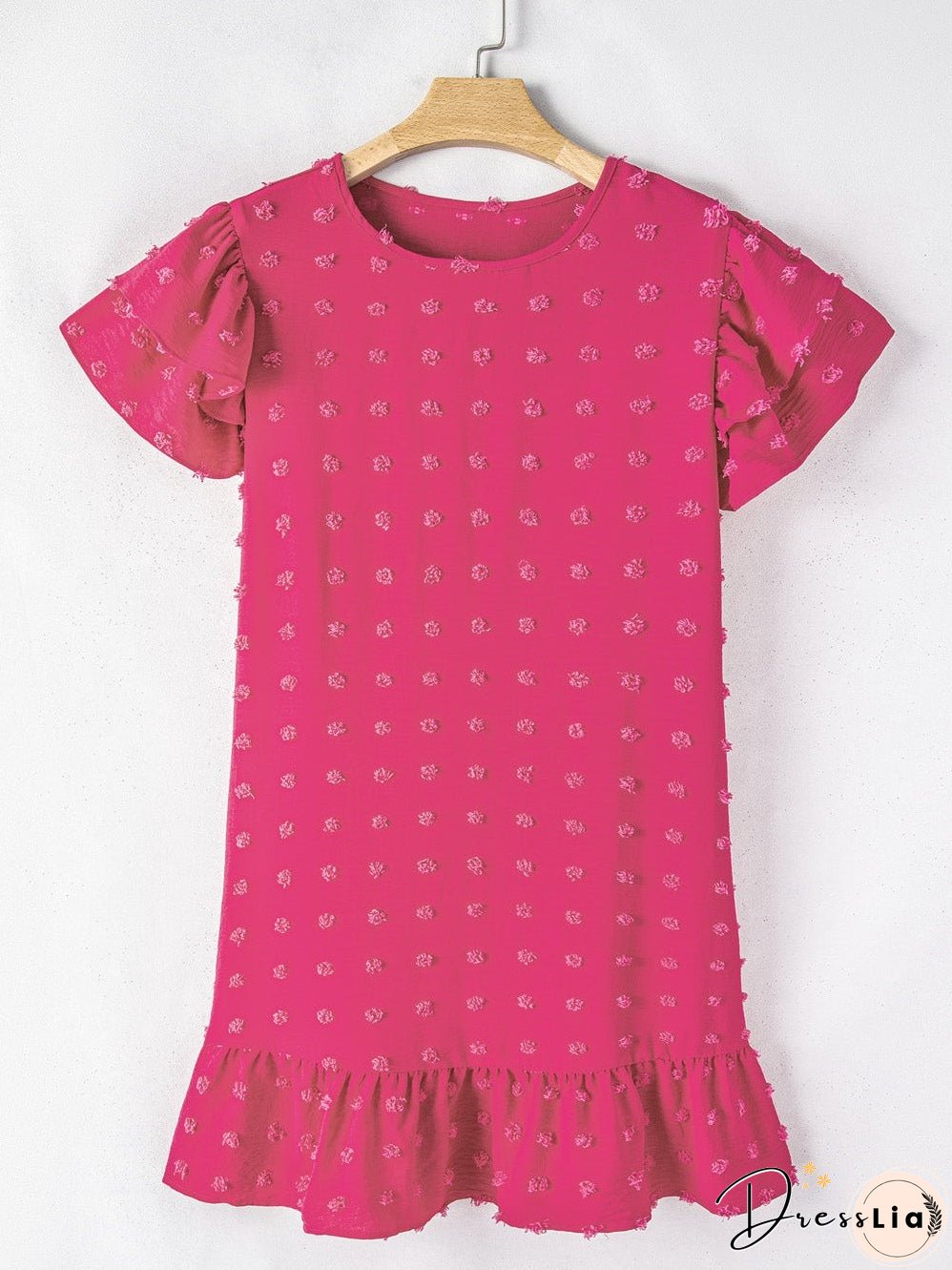 Strawberry Pink Jacquard Ruffle Sleeve Plus Size Mini Dress