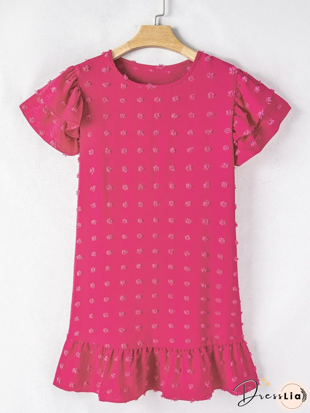 Strawberry Pink Jacquard Ruffle Sleeve Plus Size Mini Dress